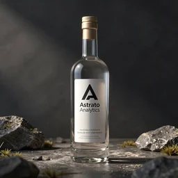 3d render of a new Designed glass bottle using the unreal engine with professional lighting photo product development Astrato Analytics logo sticker