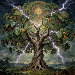 sacred mulberry tree by roger dean and andrew ferez, art forms of nature by ernst haeckel, divine chaos engine, symbolist, visionary, art nouveau, botanical fractal structures, tree of life, lightning, detailed, realistic, surreality, lichtenberg figure