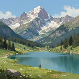 digital painting of mountain landscape with a lake and character near the water by philip sue art, by philip sue, contest winner on behance, synthwave style