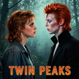 Twin Peaks movie poster artwork by Michael Whelan and Tomer Hanuka, Rendering of Emma Watson & Kiernan Shipka hallucinating in order to meet David Bowie the god spirit, from a scene from Twin Peaks, clean, full of detail, Matte painting, trending on artstation and unreal engine