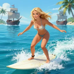 a beautiful blonde girl surfing on a surfboard in a magical blue lagoon, beautiful eyes, wide hips, beautiful smile, clear water with pirate ships, palm trees, digital illustration, art by greg rutkowski and artgerm, intricate, elegant, smooth, amazing detail, concept art, sharp focus, cinematic