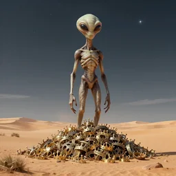 a giant alien standing in a desert, first there must be death, by antoine wiertz and noah bradley, ascension, pile of crowns, separated from purpose or meaning, until the time is right for it to take its place among the pale stars, visually stunning, cinematic, highly detailed, blender 3 d, trending on cgsociety, 3 d render, rendered in octane