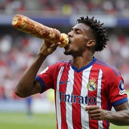 c. tangana eating an enormous cachopo with the atletico de madrid football team shirt, 4 k extremely photorealistic, hyper detailed, canon eos - 1 d x mark iii, 3 0 0 mm