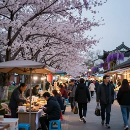 a chinese market at twilight, merchant stands, customers, busy, bustling, pedestrians, massive cherry trees and wisteria, by ruan jia and greg rutkowski and conrad roset