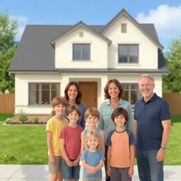 happy family near new house. real estate. perfect faces. by nuri iyem, james gurney, james jean, greg rutkowski, anato finnstark, perfect faces
