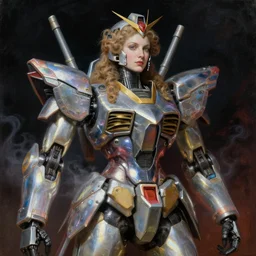 a baroque neoclassicist close - up renaissance portrait of an iridescent 1 8 0 0 s gundam mecha queen. reflective detailed textures. glowing colorful fog, dark background. highly detailed fantasy science fiction painting by moebius, norman rockwell, frank frazetta, and syd mead. rich colors, high contrast. artstation
