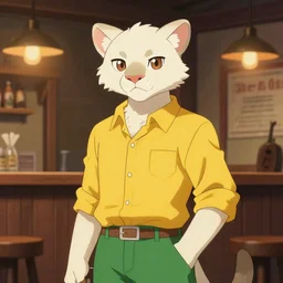 fursona character portrait of a anthropomorphic albino mountain lion wearing a yellow button-down shirt and green slacks at an old-timey saloon. hidari, color page, tankoban, 4K, tone mapping, Akihiko Yoshida.