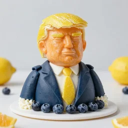 edible donald trump made of lemon skin for hair, cake and orange pieces for the face, blueberries and whipped cream for the suit, from the beautiful'food art collection ', dslr