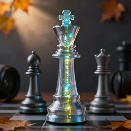( 3 d printed extruded filiment, queen chess piece, bioluminescence, beautiful face, reflection of led lights, intricate detail, futuristic, very detailed, highly detailed background, sharpfocus, photorealism, soft diffuse autumn lights, some sun light ray, dark room wall, canon 5 d 5 0 mm lens