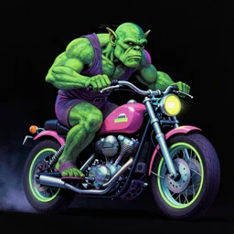 psychedelic blacklight airbrush artwork, hyper stylized action shot of an orc biker riding a motorcycle, clear focused details, radical 9 0 s, soft airbrushed edges and gradients on a black background