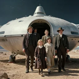 film still from a sci fi blockbuster movie made in 2022, set in 1860, of a family leaving a spaceship, that has just landed on an alien planet, wearing 1850s era clothes, good lighting, 4k, HD, in focus and clear faces, oscar winner for best photography