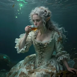 a 1 8 th century, messy, silver haired, ( ( ( mad ) ) ) fae princess ( look like ( ( young kate winslet ) ), dressed in a ( dirty ), wedding dress, is ( ( drinking a cup of tea ) ). everything is underwater and floating!. greenish blue tones, theatrical, ( ( green lights ) ) painted by monet