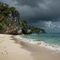 photorealistic painting of turtle bay beach jamaica, sharp cliffs, island with cave, dark, atmospheric, brooding, smooth, finely detailed, cinematic, epic, in the style of dave dorman