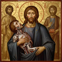 hyper detailed ultra sharp orthodox jesus icon, biomechanical, tormented man, trending on artstation, byzantine aesthetic, doom, religious, sinistert, ornate, intricate, digital painting, concept art, smooth, sharp focus, illustration, art by josan gonzalez, felix englund, killian eng and zdizslaw beksinski