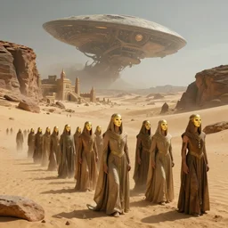 the line of bene gesserit people in full - face golden glowing masks in a dry rocky desert landscape with!!! ancient abandoned city beneath the sand!!! and!!!!!! giant alien spaceship in the sky!!!!!! by christopher doyle and alejandro jodorowsky, anamorphic lens, kodakchrome, cinematic composition, very detailed photo, 8 k,