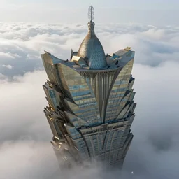 full detailed intricate photo of worlds tallest building, castle clouds, elaborate modern sleek mansion gothic detail, glass and steel, misty atmosphere
