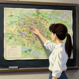 anime key visual of young woman pointing at a strategic overview map of a battlefield on a blackboard, style of jamie wyeth james gilleard edward hopper greg rutkowski acrylic painting, preserved museum piece, historical
