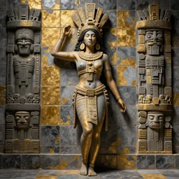 beautiful aztec inca woman full body well proportioned in tunic stands posing among tiles by eddie mendoza hyperrealism cyborgess expressive dramatic symmetrical very very detailed giger beksinski grey and gold shadows