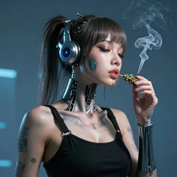 A cyberpunk cybernetic synthwave android smoking weed