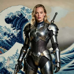 Margot Robbie wearing metal gear armor holding gun dramatic lighting art by Richard Schmid by Hokusai by Yoji Shinkawa by greg rutkowski by Sandra Chevrier cinematic dramatic