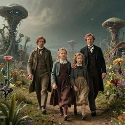 sharp, highly detailed, 9216k film, 17500mm film still from a sci fi blockbuster color movie made in 2019, set in 1860, of a family walking through an alien landscape, full of strange alien plants and flowers, on an alien planet, the family are all wearing 1860s era clothes, good lighting, enhanced faces, atmospheric, 350mm f/1.4L lens