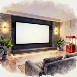 very wide angle view, a modern home movie theater with big screen!!, stylish wall sconces lights, art deco style!!, plants, popcorn machine, rough watercolor painting, trending on artstation