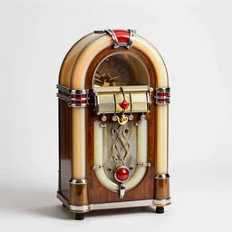 brass jukebox, professional product shot, isolated on a pure white background, centered, entire object in frame, sharp focus, soft studio lighting