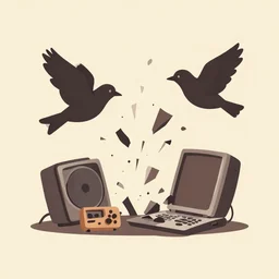 vector art of birds tearing apart old technology, clean style, svg, calm tones, warm tones