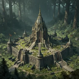 a grandiose defence stronghold with a lot of cannons and flags in a deep forest by rene aigner and chris ostrowski, sci - fi mixed with dark fantasy, trending on artstation