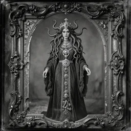 tintype ambrotype daguerreotype of a cthulhu priestess adorned in occult jewels wearing occult ceremonial robes. with tentacle hair. emerging walking out of a slithering baroque frame.