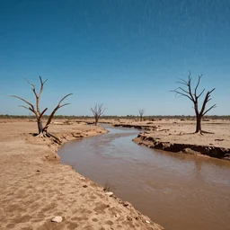 panorama of a weather phenomemon where big raindrops fly upwards into the perfect cloudless blue sky from a dried up river in a desolate land, dead trees, blue sky, hot and sunny highly-detailed, elegant, dramatic lighting, artstation, 4k, cinematic landscape, photograph by Elisabeth Gadd, National Geographic