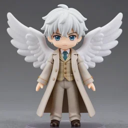 nendoroid aziraphale from good omens, good omens tv series, angel, white curly short hair, beige suit, long coat, khaki tartan vest, michael sheen