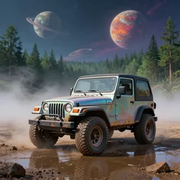 lonely dirty 1997 hardtop Jeep Wrangler off road, digital painting, beautiful iridescent fog swallows the dirty alien planet, planets can be seen in the sky above, in front of an amazing forest, gritty, cinematic, extraordinary colorful landscape, photorealistic, ultra realistic, lights and shadows, beautiful reflections, smooth