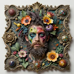 zombie, punk rock, young male, bearded, multicolored faces, fruit and flowers, gemstone eyes, botanical, vanitas, sculptural, baroque, rococo, intricate detail, spiral, ornamental, photocopied, kaleidoscopic, dynamic lighting, art by david altmejd