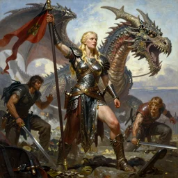 An oil painting of a beautiful blonde viking woman posing with a war banner and sword, battlefield, dragon scale armor, very aesthetic face, by Frank Frazetta, Greg Rutkowski, Boris Vallejo, Neal Hanson, Christian MacNevin, epic fantasy character art, goddess of war, goddess of anger, high fantasy, full length, exquisite detail, post-processing, low angle, masterpiece, cinematic, colossal dragon in background