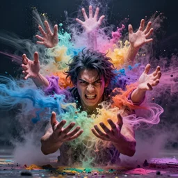 humans , feedback loop , burst of powders ,volumetric lighting, twisting vapour, bellowing dust , emerging hands and beautiful angry man’s face , full colour , upscale , 4k