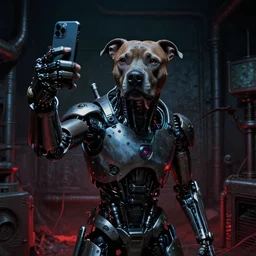 cyborg - pitbull taking a selfie, in hell, in 1 9 6 5, y 2 k cybercore, industrial low - light photography, still from a kiyoshi kurosawa movie