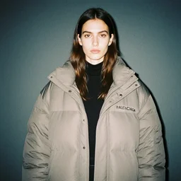 realistic! photoshoot for a new balenciaga lookbook, color film photography, portrait of a beautiful woman wearing a puffer blazer, photo in style of tyler mitchell, 35mm