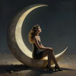 a pin up sitting on a stylized crescent moon, by milo manara