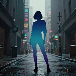 a beautiful and immaculate overcast futuristic city. the silhouette of a stylish beautiful sean young as rachel standing in an alleyway. vaporwave ombre rendering. outrun style. trending on artstation. recommended for you behance. by chris moore. by edward hopper. beeple colors. ambient occlusion. digital matte painting. metropolis filmic. gotham city.