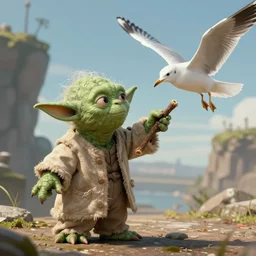 Yoda smacking a seagull with a stick, hyperdetailed, artstation, cgsociety, 8k