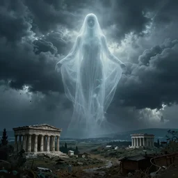 eerie, greek fantasy landscape, a giant translucent shining ghost in the stormy clouds, stanley kubrick, shot by john olcott