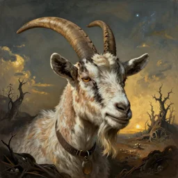 goat in the painted world of resident evil and bruce pennington, head and shoulders masterpiece, apocalypse, golden hour, cosmic horror, artstation, in the style of goya and edward hopper and bosch, extremely detailed