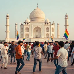photo of crowd of men with rainbow flags dancing at ( ( ( ( taj mahal ) ) ) ), cinematic color grading, soft light, faded colors, well framed, sharp focus, 8 k