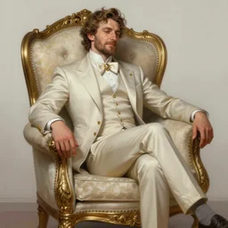 a pleasured noble man siting in his armchair. intricate, elegant, highly detailed, digital painting, artstation, concept art, sharp focus, illustration, by justin gerard and artgerm, 8 k