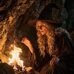 old witch woman looking into a flame in a cave, golden glow, fantasy, high detail