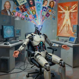 a hyperrealistic painting of a human cyborg sitting in a chair with limbs stretched out, tied with electrical cables connected to supercomputers, flood of images flowing from his head, tesseract, vitruvian man, by greg rutkowski, artgerm, and beeple, trending on artstation, concept art, insane details, zoomed out
