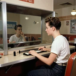 1950's youth in a recording booth in an art deco malt shop diner