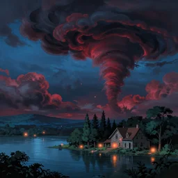 undulating clouds, tornado, trees, old residence, lake, dark atmosphere, blue color, dark red color, glowing orbs, glowing lights, surreal, infographic, epic fantasy, digital art, concept art, detailed illustration, hd, 4 k, highly saturated colors, digital art, greg rutkowski, mike franchina, dan mumford, studio ghibli, trending on artstation
