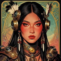 a detailed portrait illustration of a steampunk sorceress - savage. beautiful native - american indigenous female face, ruddy skin. asian aesthetic. art nouveau, pop art, comic book style. influenced by neil gaiman, eugene grasset, dan mumford, brian froud, vadim voitekhovitch, android jones, ross tran.